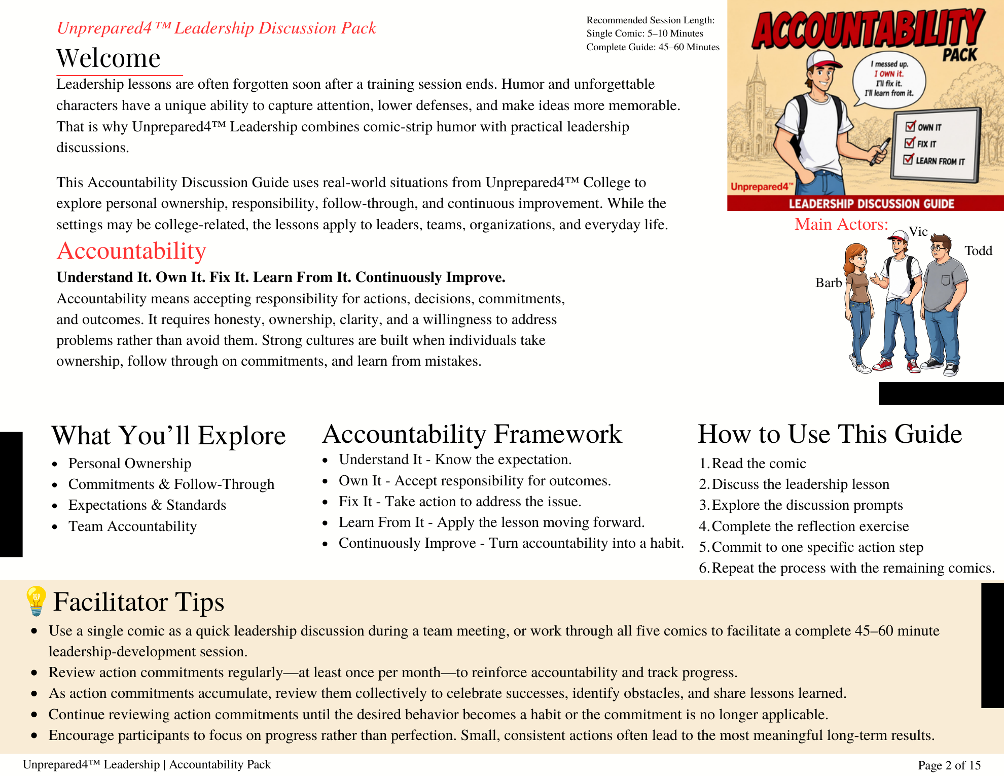 Accountability Pack overview page showing the welcome introduction, what you'll explore, the accountability framework, how to use the guide, and facilitator tips.
