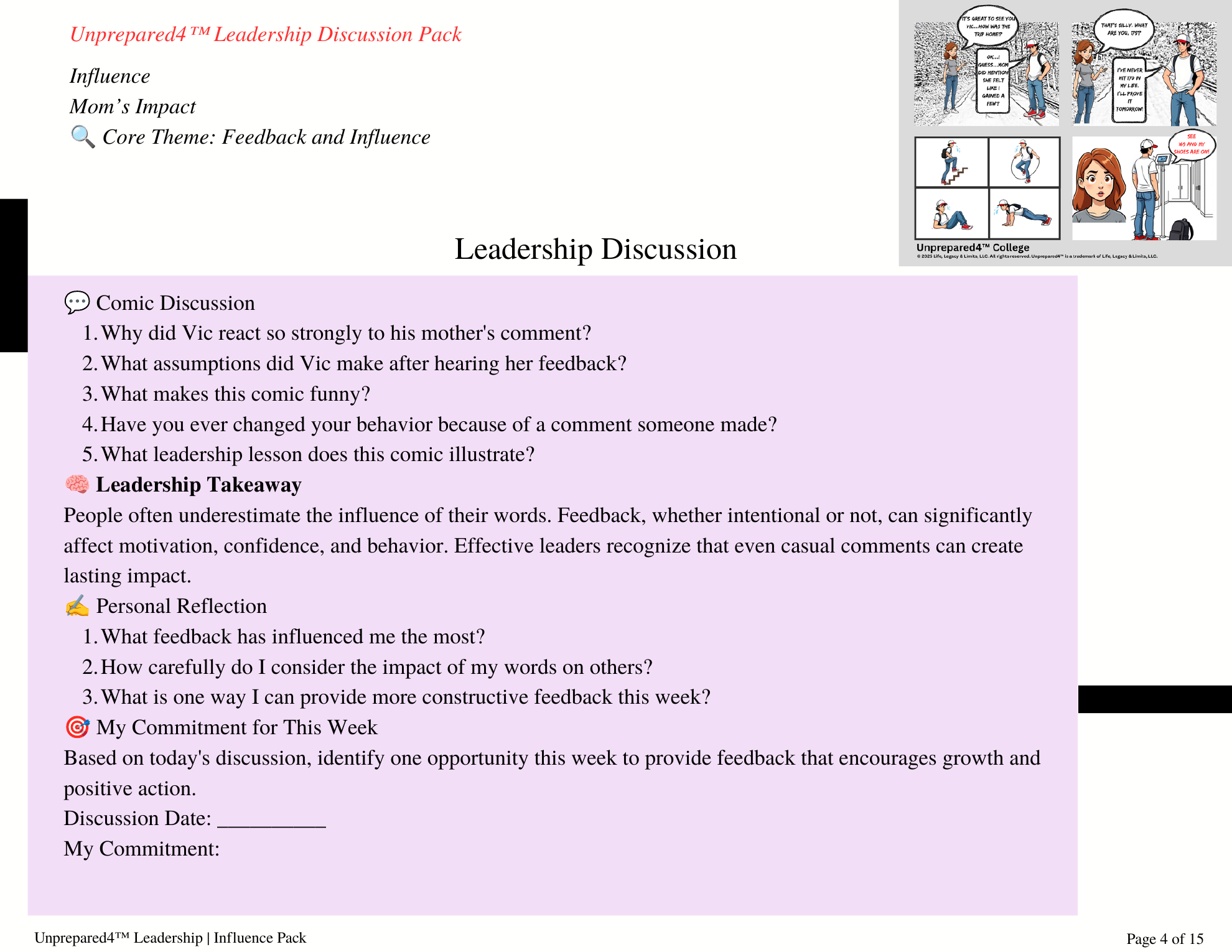 Influence Pack leadership discussion page with comic discussion questions, a leadership takeaway, personal reflection prompts, and a weekly commitment section.