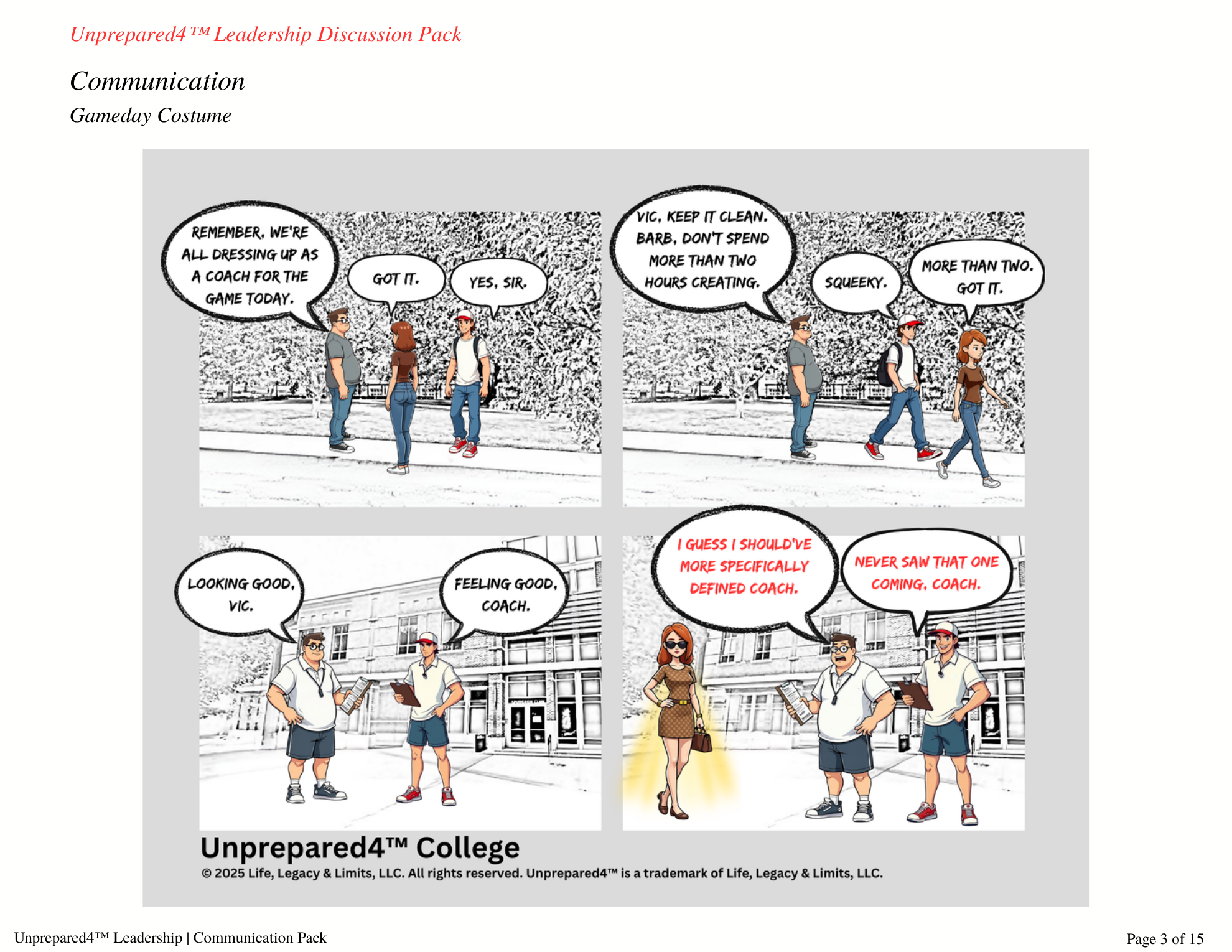 Communication Pack comic page titled Gameday Costume, a four-panel Unprepared4 College comic strip about unclear instructions.