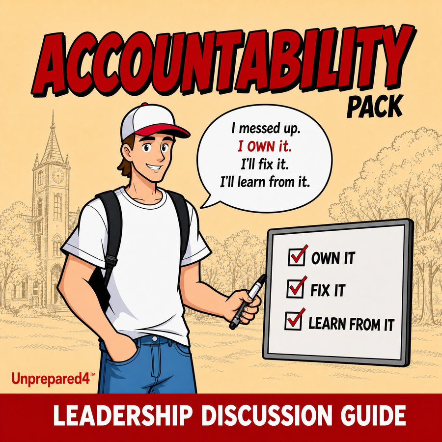 Cover of the Unprepared4 Accountability Leadership Discussion Guide, showing a comic character committing to own it, fix it, and learn from it.