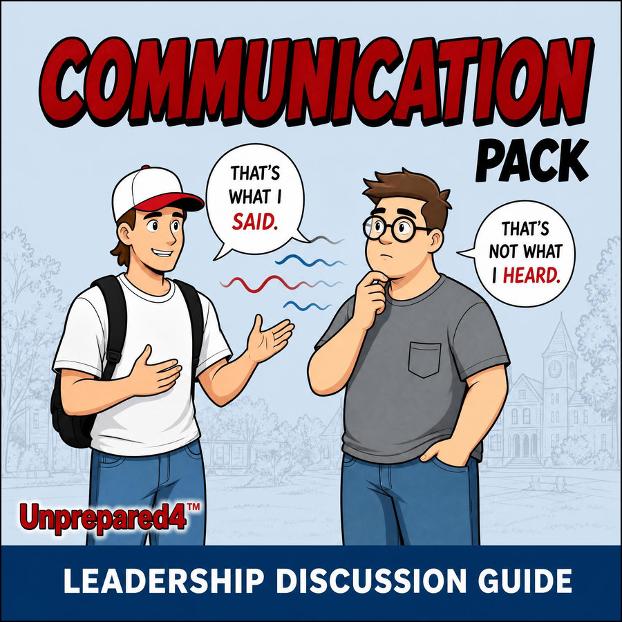 Cover of the Unprepared4 Communication Leadership Discussion Guide, showing two comic characters misunderstanding each other.