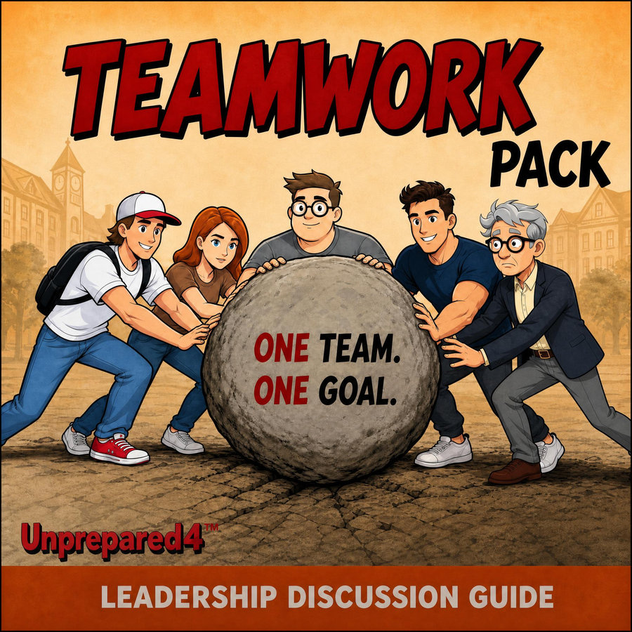 Cover of the Unprepared4 Teamwork Leadership Discussion Guide, showing comic characters pushing a boulder together under the line one team, one goal.