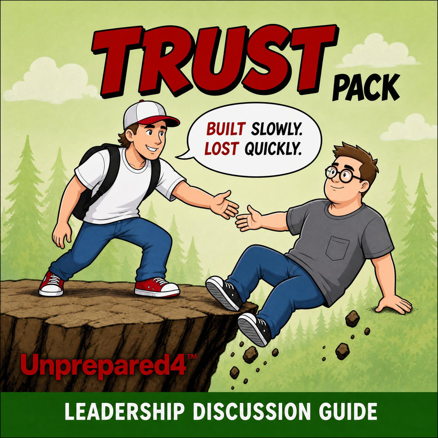 Cover of the Unprepared4 Trust Leadership Discussion Guide, showing a comic character catching a falling teammate.